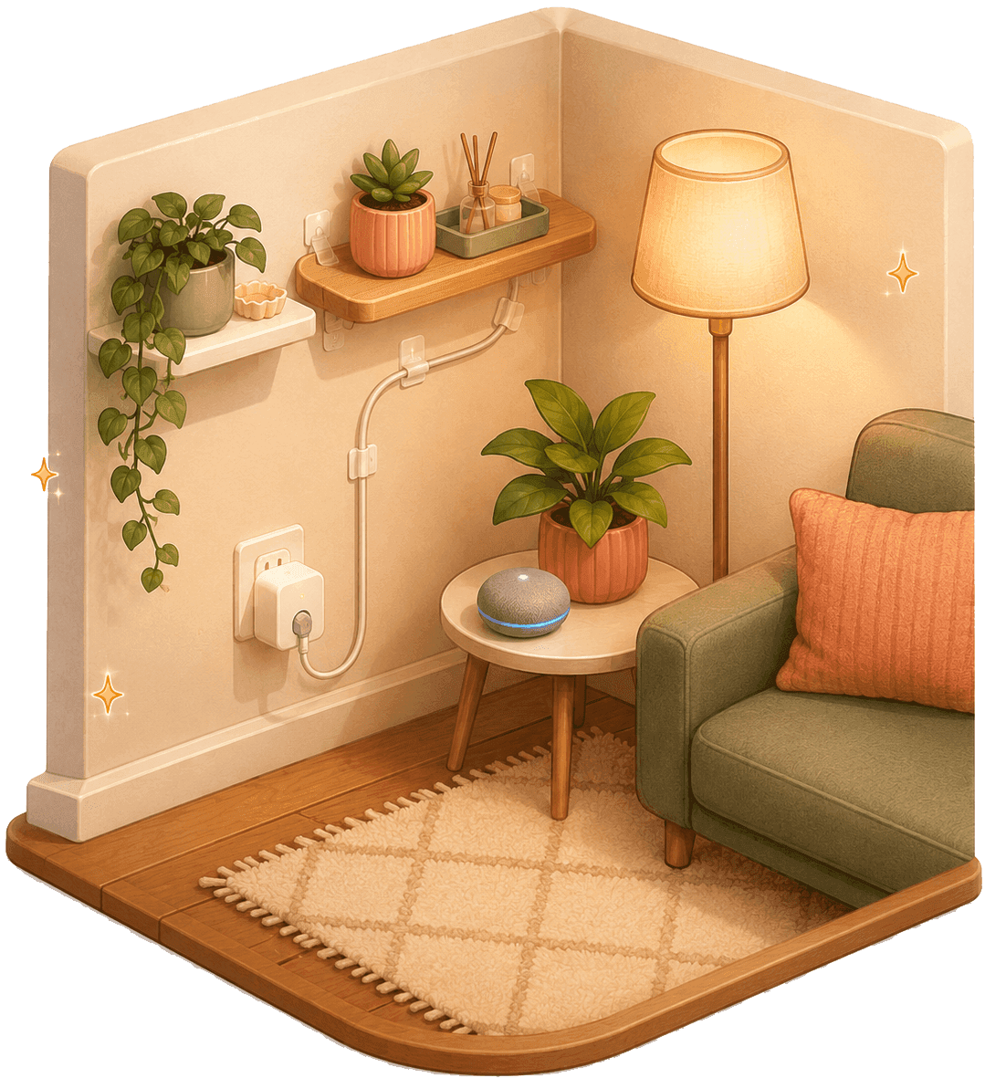 Renter-friendly smart home corner with plug-in devices