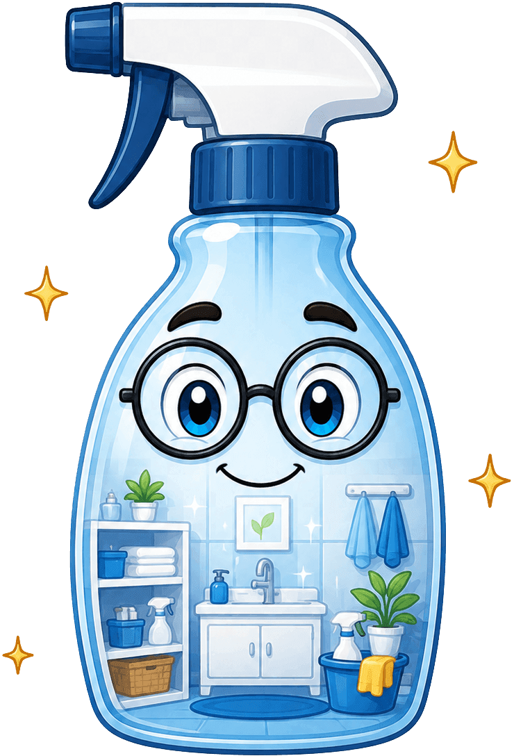 Friendly spray bottle character representing The Clean Room