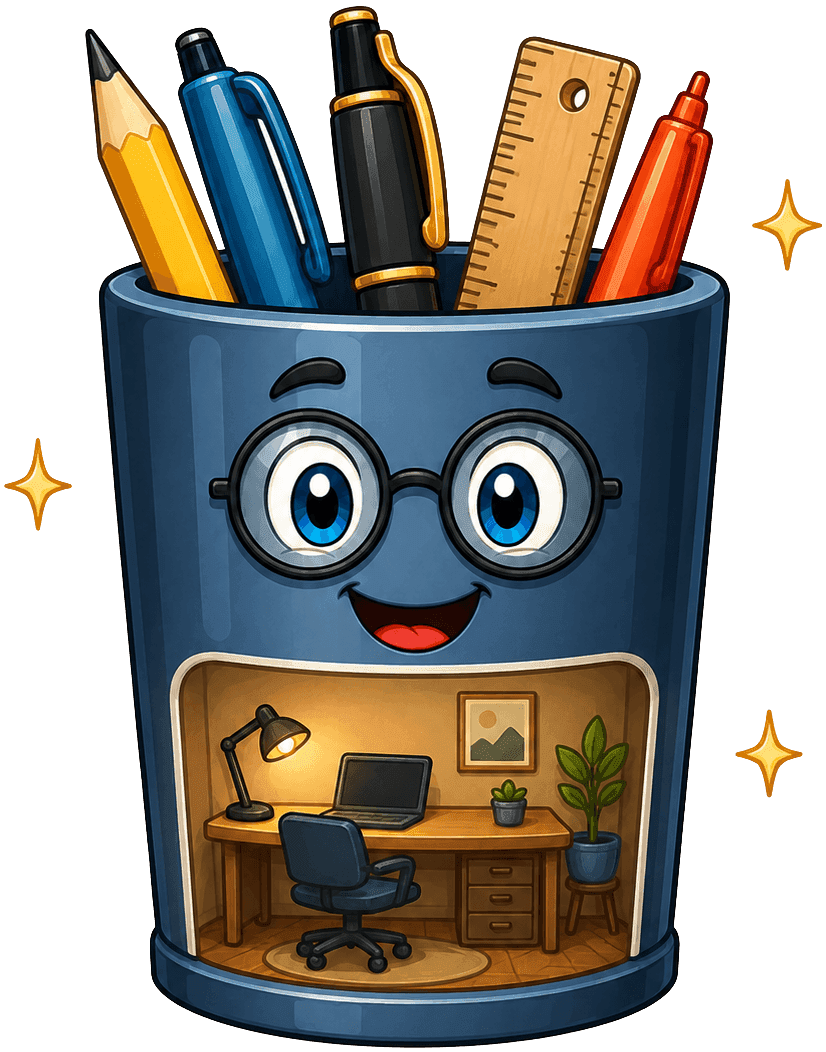 Friendly desk organizer character representing The Work Room