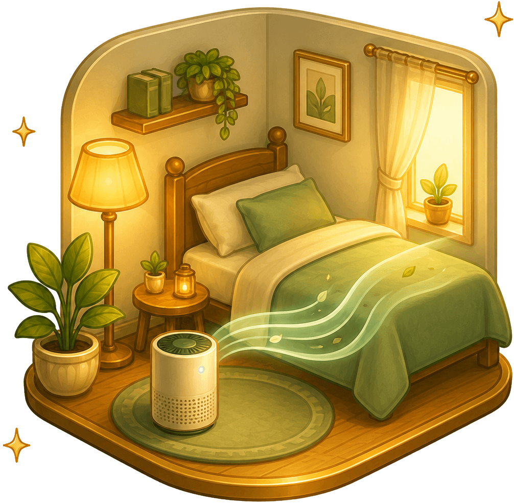 Warm bedroom scene with an air purifier for Spring Refresh