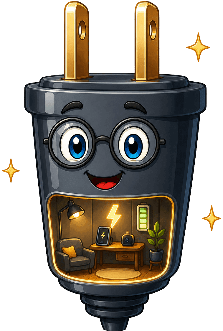 Friendly smart plug character representing The Energy Room